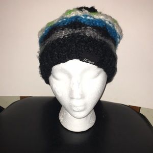 Chaos Pom Pom Winter hat EUC Black, Green, White and Gray striped